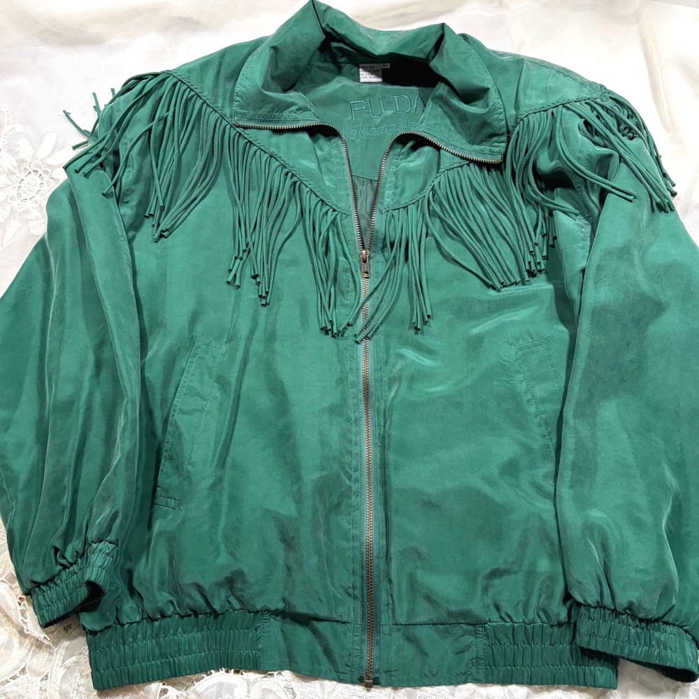 Vintage Western Fall Green Silk Fringe Bomber Jacket Womens Large